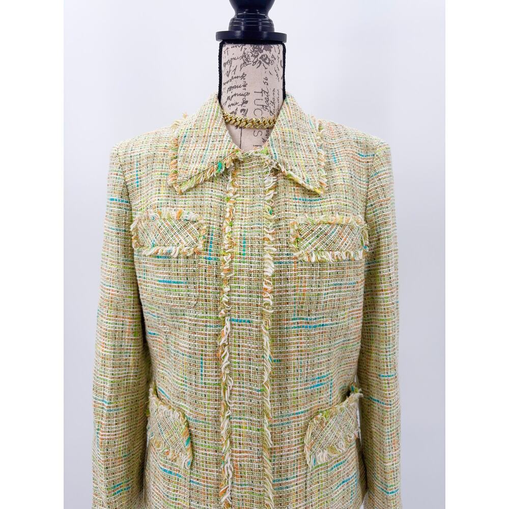 B1 Tweed Fringe Blazer Womens 10 Classiques Entier Green Yellow Parisian Preppy - Picture 3 of 7